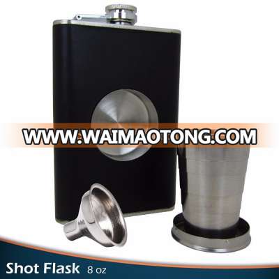 Black Shot Flask Set (8oz) - Including a Built-in 2oz Collapsible Shot Glass